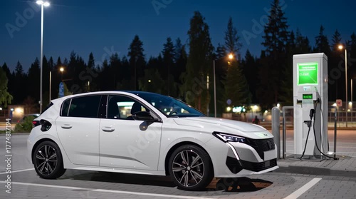 White electric car parked at charging station during evening. Modern EV vehicle with sustainable green power technology footage.