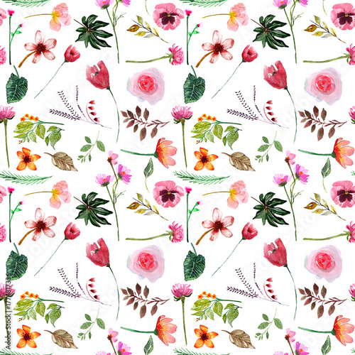 pattern con miscuglio di fiori di campo colorati ad acquerello, illustrazione isolata su sfondo bianco