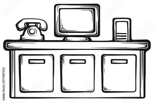 Black outline rendering illustrates an oldfashioned office desk with a computer and telephone