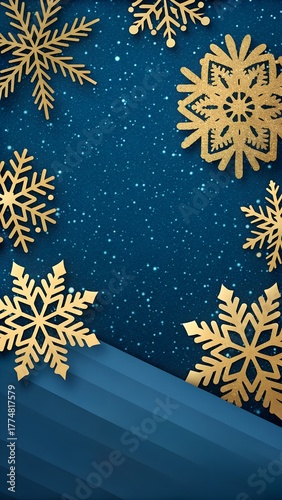 Elegant Blue Christmas Background with Gold Snowflakes