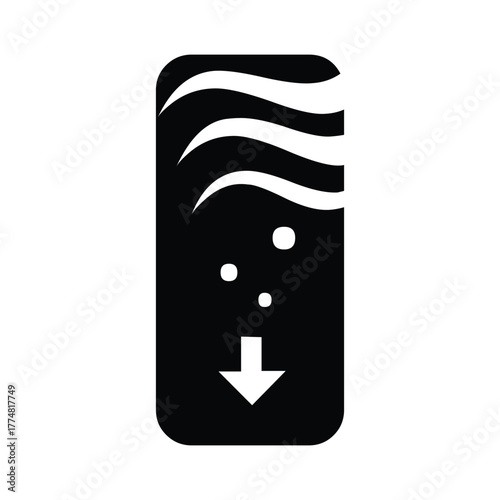 A black rectangle with rounded corners containing white waves bubbles and a downward facing arrow symbol