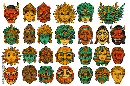 Cultural masks from around the world illustrated in vibrant colors