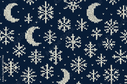 Winter-themed knitted pattern with snowflakes and crescent moons