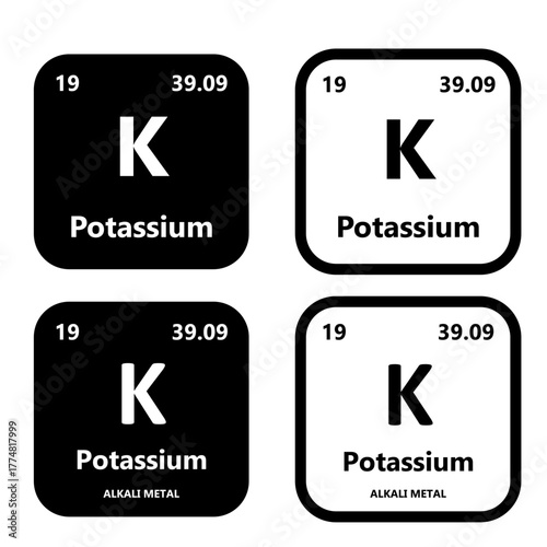 Potassium Element symbol with atomic number, atomic mass and chemical group block.