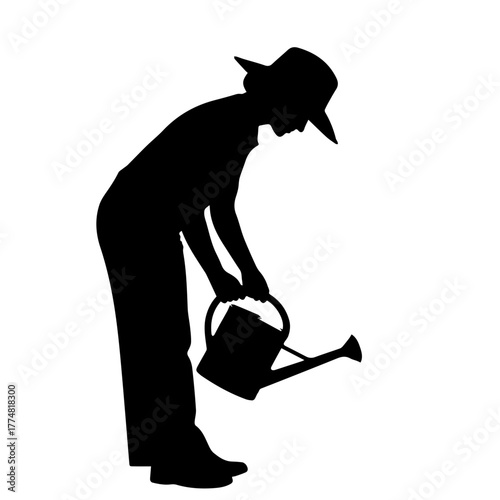 Silhouette of a gardener with a hat and watering can. Vector icon of a person working in the garden, representing horticulture and a relaxing hobby.