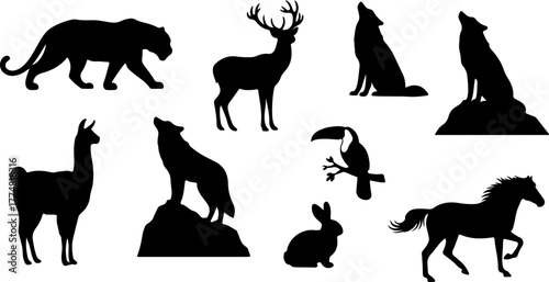Collection of wild animal silhouettes. Vector icon set including a wolf, deer, horse, panther, llama, and toucan for wildlife and nature concepts.