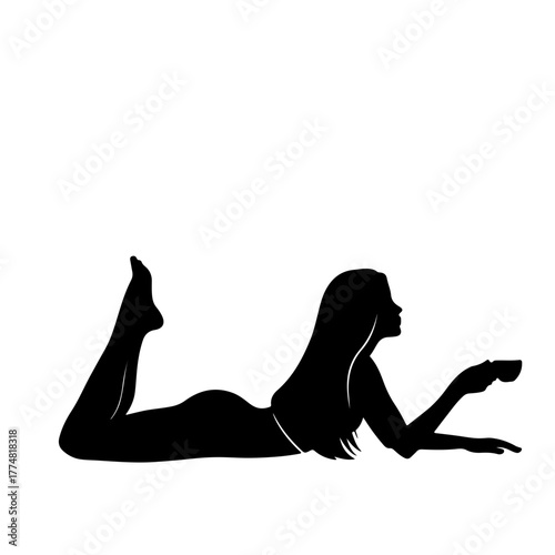Silhouette of a woman with long hair relaxing on the floor with a cup of coffee. Vector icon of a female figure enjoying a calm morning break, representing leisure and self-care.