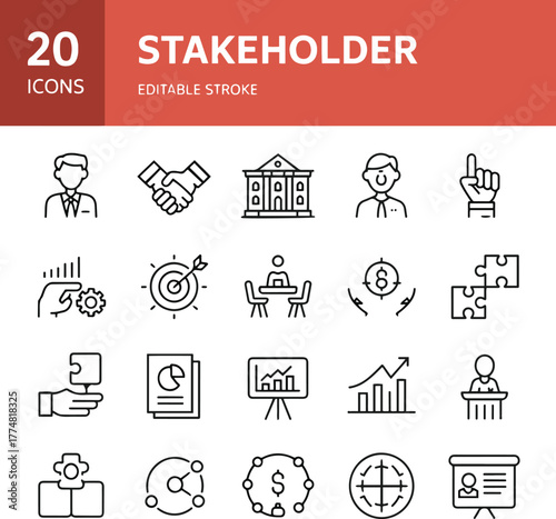 Stakeholder Management Line Icons | Business Strategy, Partnership, Corporate Communication Set