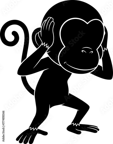 Hear no evil monkey silhouette. Vector icon of one of the Three Wise Monkeys covering its ears, representing the famous proverb, wisdom, and the concept of ignorance.