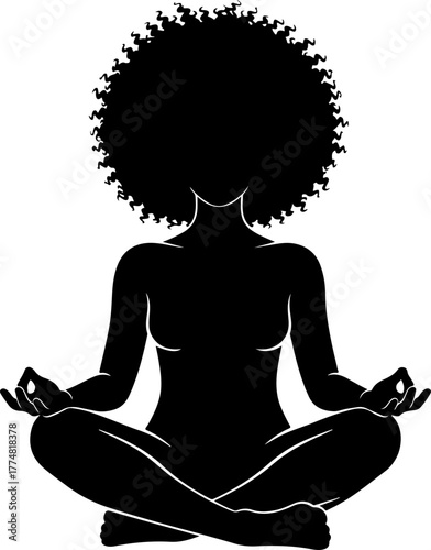 Silhouette of a Black woman with a large afro meditating in the lotus yoga pose. Vector icon for mindfulness, spiritual wellness, and self-care concepts.