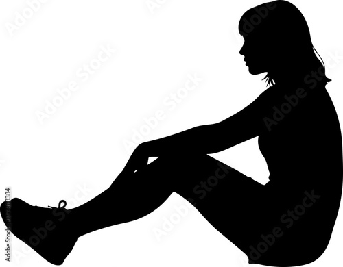 Silhouette of a young woman sitting on the floor in profile. Vector illustration of a person resting in a casual, thoughtful, and relaxed pose.