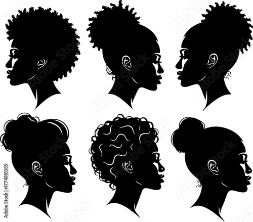 Set of Black women profile silhouettes with natural hairstyles. Vector collection of African American female heads with afro, puffs, and buns for beauty and hair concepts.
