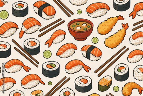 Seamless pattern of assorted sushi, tempura, and miso soup