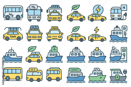 Eco-friendly transportation icons with electric and hydrogen vehicles
