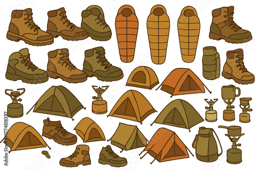 Hand-drawn camping gear pattern with tents, boots, and supplies