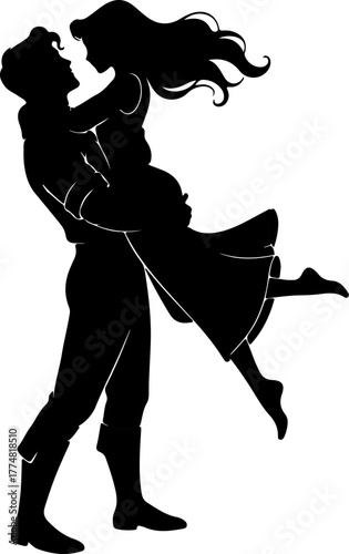 Romantic silhouette of a fairytale prince lifting a princess. Vector illustration of a loving couple embracing, for wedding, Valentine's Day, and romance concepts.