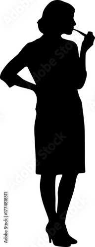 Silhouette of a thinking businesswoman or teacher. Vector icon of a professional woman standing in a pensive pose, contemplating or problem-solving.