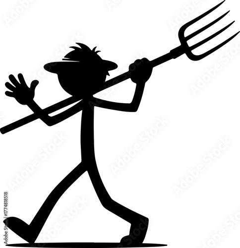 Silhouette of a stick figure farmer marching with a pitchfork. Vector icon of an angry cartoon mob, villager protest, or rural rebellion.