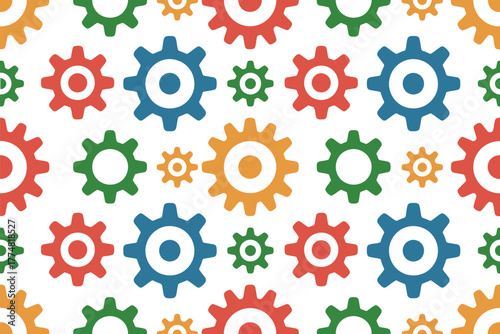 Colorful cogwheels create a repeating pattern on a white background, symbolizing industry and mechanics.