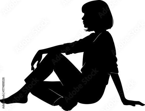 Silhouette of a young woman with short hair sitting on the floor. Vector illustration of a person in a casual, relaxed, and pensive pose, resting or waiting.
