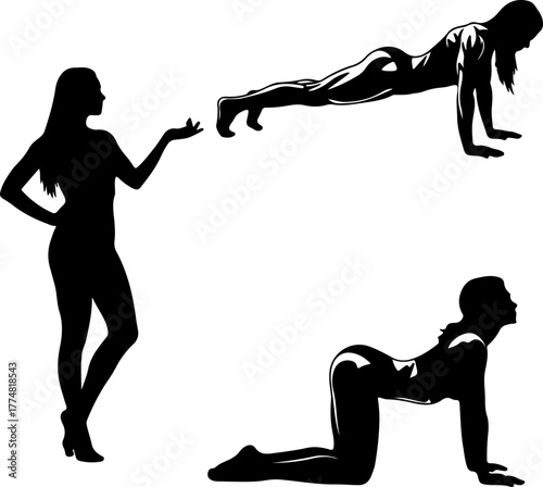 Set of female silhouettes in fitness, yoga, and standing poses. Vector illustration of a woman in workout plank and cat-cow stretch for wellness and healthy lifestyle concepts.