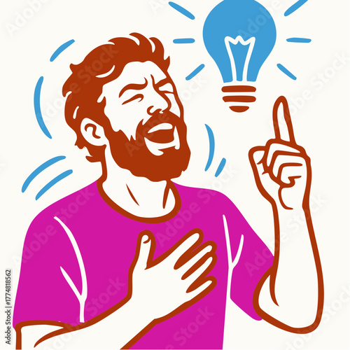 magenta-shirt epiphany: bearded thinker pointing hand with glowing bulb and electric blue accent revelation