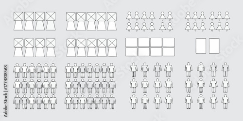 Collection of simple line art icons representing people buildings and abstract shapes on a plain background