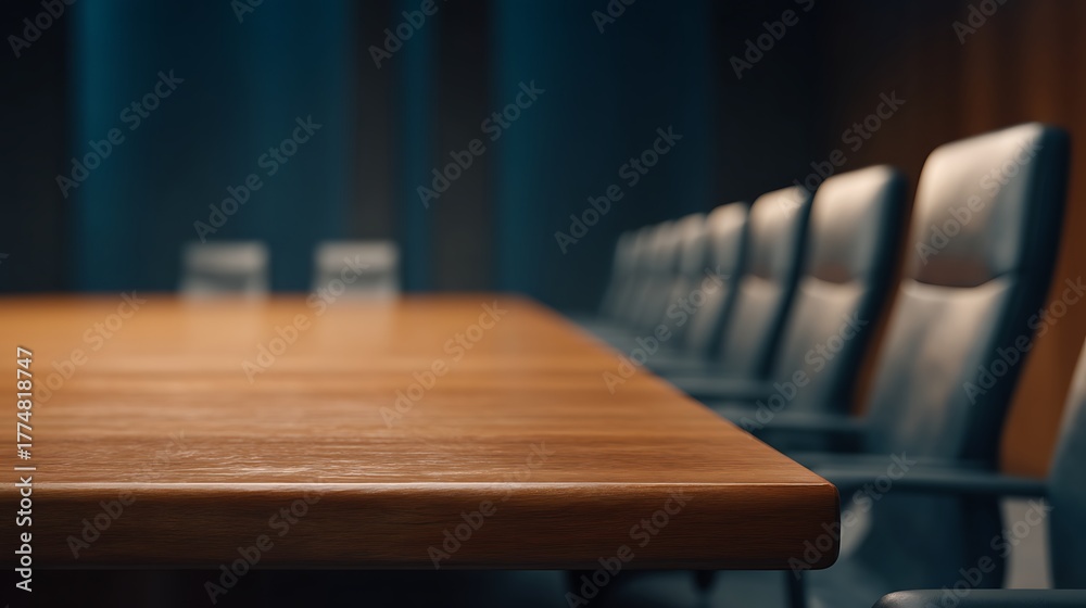 Obraz premium A sleek wooden conference table with ergonomic chairs set in a modern meeting room, emphasizing a professional and collaborative environment.