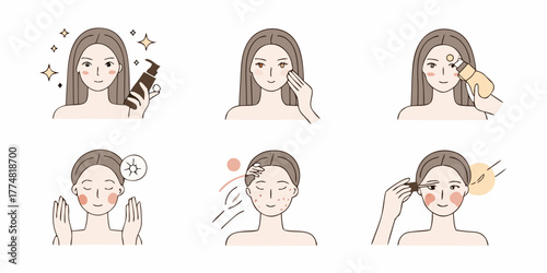 Set of six illustrations showing a woman s skincare routine from product application to treating acne and applying serum