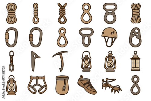 Set of rock climbing and mountaineering gear icons