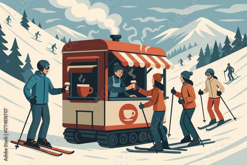 Skiers grabbing hot drinks from a cozy mountain coffee stand on the slopes