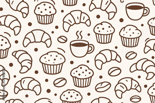 Seamless coffee and pastry pattern with croissants, muffins, and coffee cups