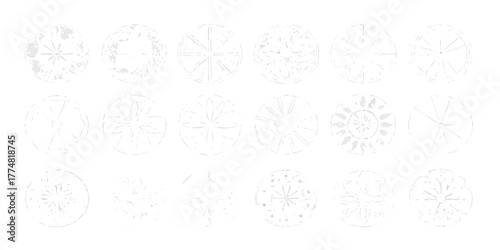 Collection of diverse circular geometric patterns and mandala designs in white