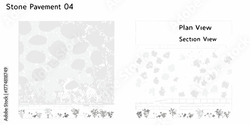 Architectural rendering of stone pavement with plan and section views and landscaping details