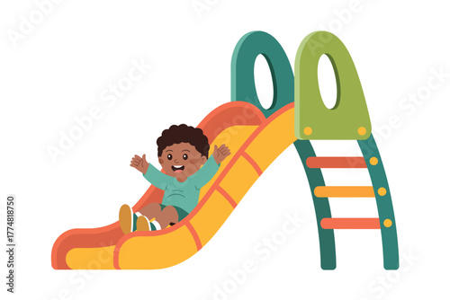 A happy child slides down a colorful playground slide with arms raised in delight.