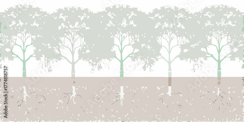 Stylized illustration of a row of trees showing their visible branches and leaves above ground and their root systems below the soil surface