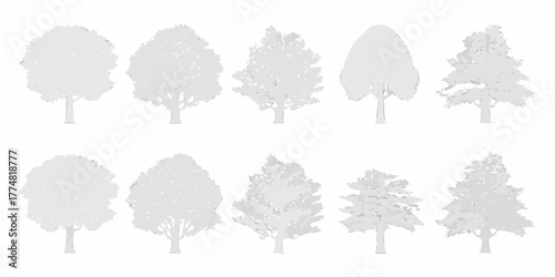 Collection of ten diverse stylized deciduous and coniferous trees in silhouette against a white background
