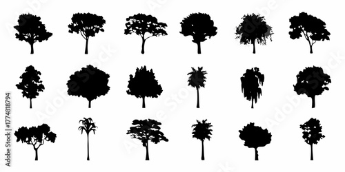 Collection of diverse black tree silhouettes isolated on a white background