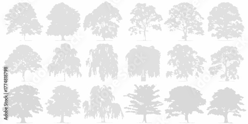 Collection of diverse tree silhouettes in light gray on a white background