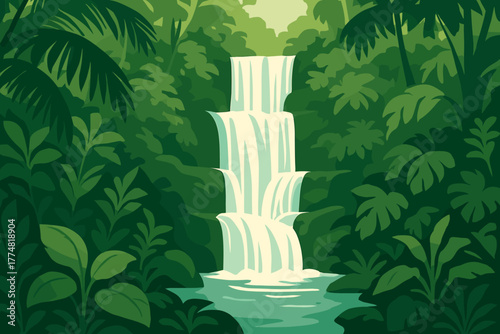 Tropical waterfall flowing through lush green jungle