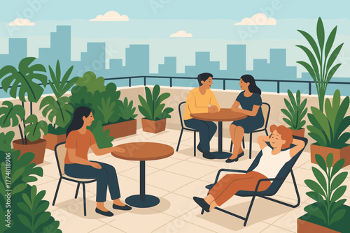 People relaxing on rooftop garden with city skyline view