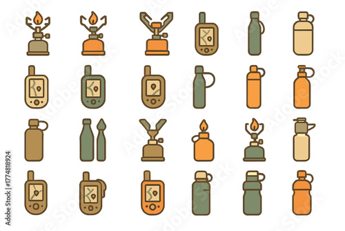 Set of camping gear icons including stoves, bottles, and GPS