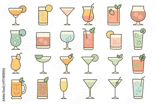 Stylized cocktail and drink icon set with refreshing summer beverages