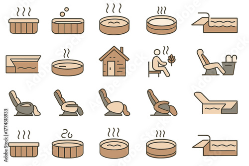 Spa and wellness icon set with hot tubs, saunas, and massage chairs
