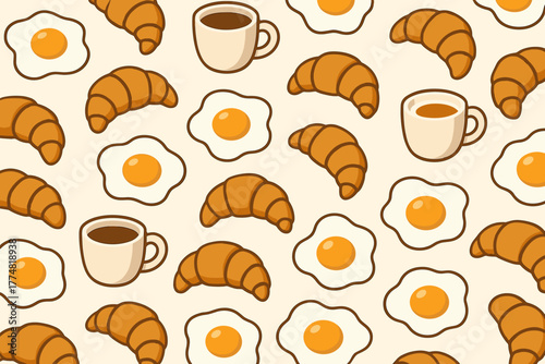 Seamless breakfast pattern with croissants, eggs, and coffee