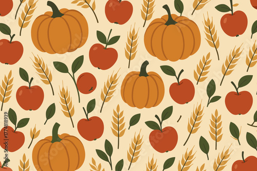 Autumn harvest pattern with pumpkins and apples