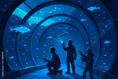 Scientists exploring an underwater tunnel observatory with glowing marine life