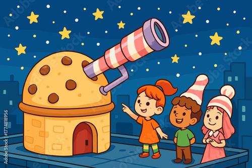 Cartoon kids stargazing beside cookie-shaped observatory
