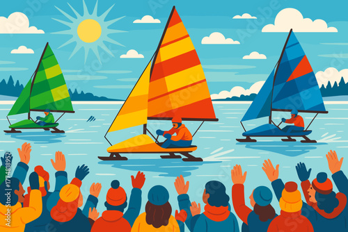 Winter ice sailing race with cheering crowd