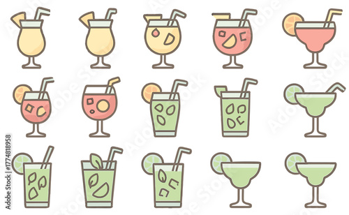 Tropical cocktail and fruity drink icon set